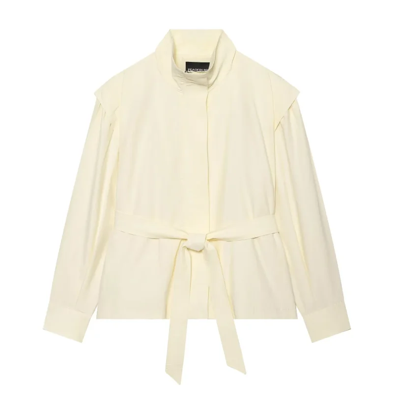 2026 New Women Stand Neck Belt Tie Waist Blazer Long Sleeve Shoulder Detail Solid Color Casual Suit Jacket For Office Daily