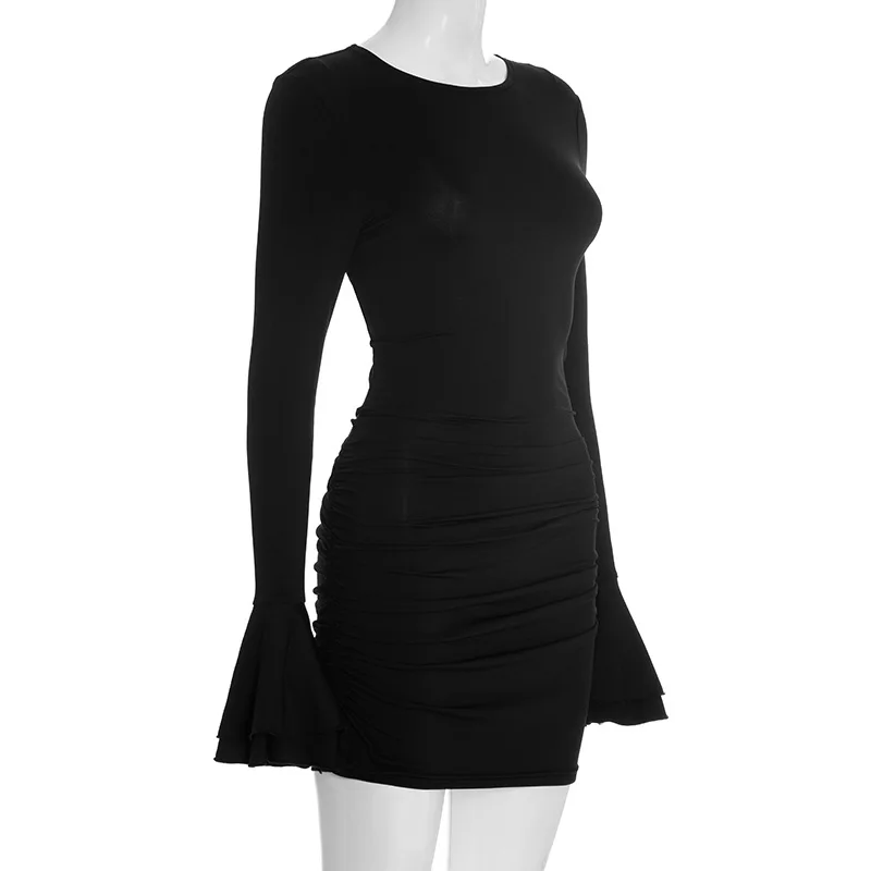 Frauen Casual Flare Langarm Rüschen Mini Kleid Outfits Bodycon Geraffte O Neck Sexy Party Club Herbst Winter Kleider Vestido