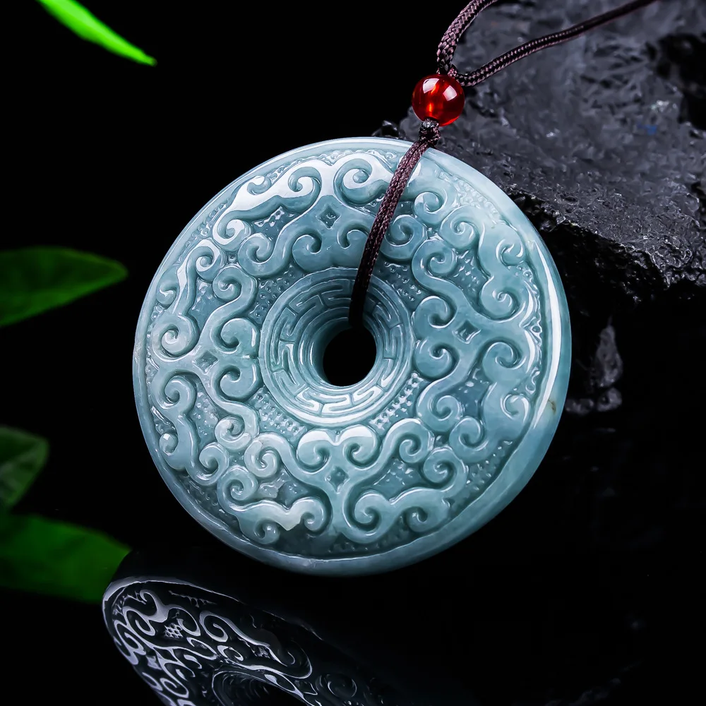 Natural Jade Blue Water Antique Pattern Peace Buckle Pendant Exquisite Men Women Couple Necklace Personalized Accessories Gift