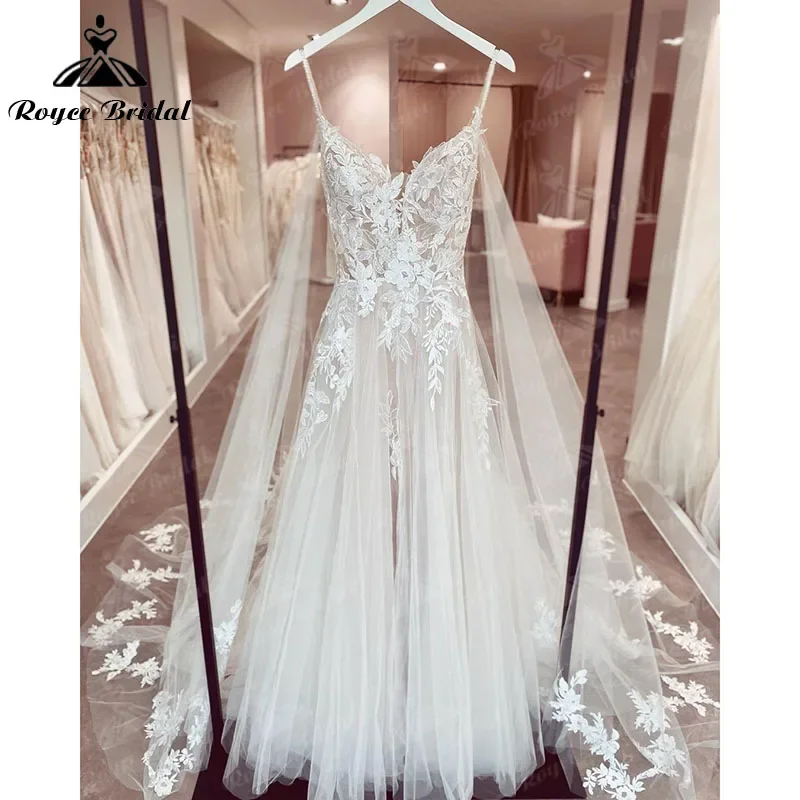 

Romantic A Line Civil Wedding Dress with Cape Lace Appliques 3DFloral V Neck Backless Spaghetti Straps Novia Vestido Roycebridal