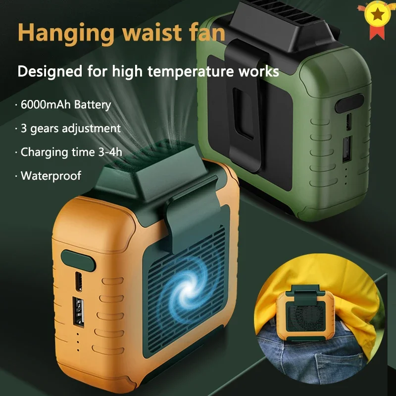 Mini Portable Waist Clip Fan USB Rechargeable 6000Mah Air Conditioner for Outdoor Working Camping Fishing