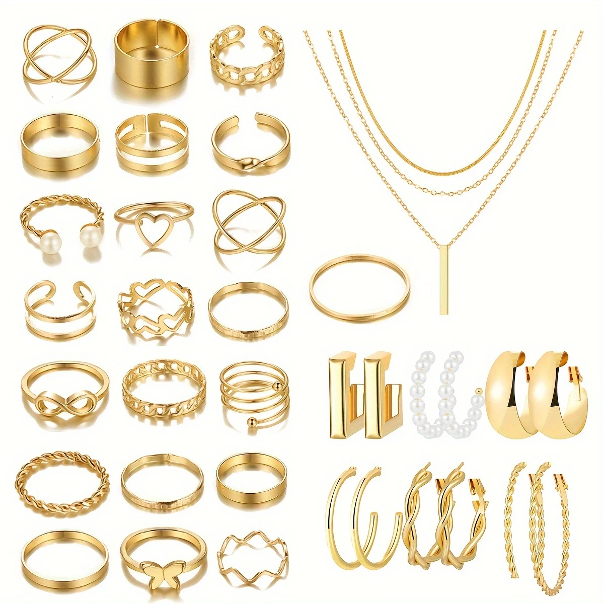 35-piece Jewelry Set Lovely Atmosphere Lady Punk Pearl Metal Ring Earring Necklace Set