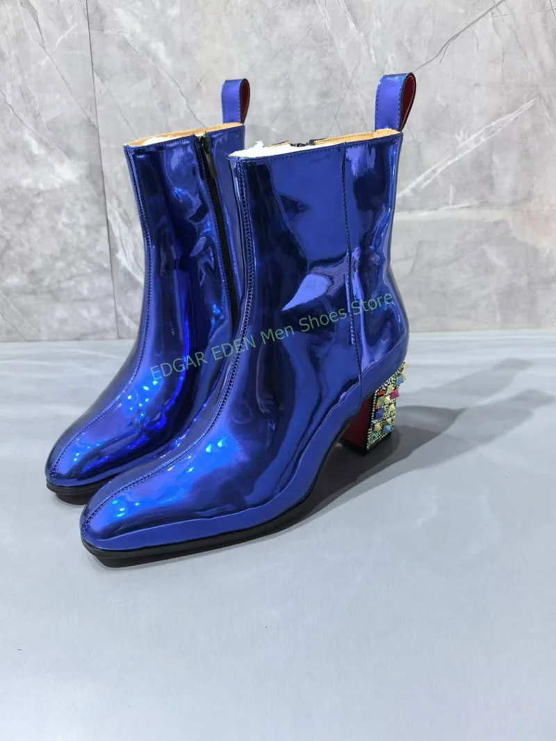 Fashion Colorful Crystal Decoration Square 5cm High Heel Ankle Boots Pointed Toe Side Zipper Male Blue Wedding Boots Shoes