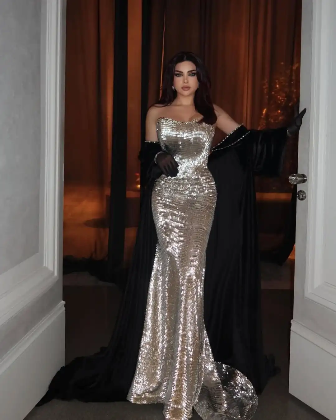 

Ofherown 2026 Gold Sequin Strapless Mermaid Evening Dress With Black Velvet Cape Luxury Formal Prom Gown For Arabic Wedding Gala