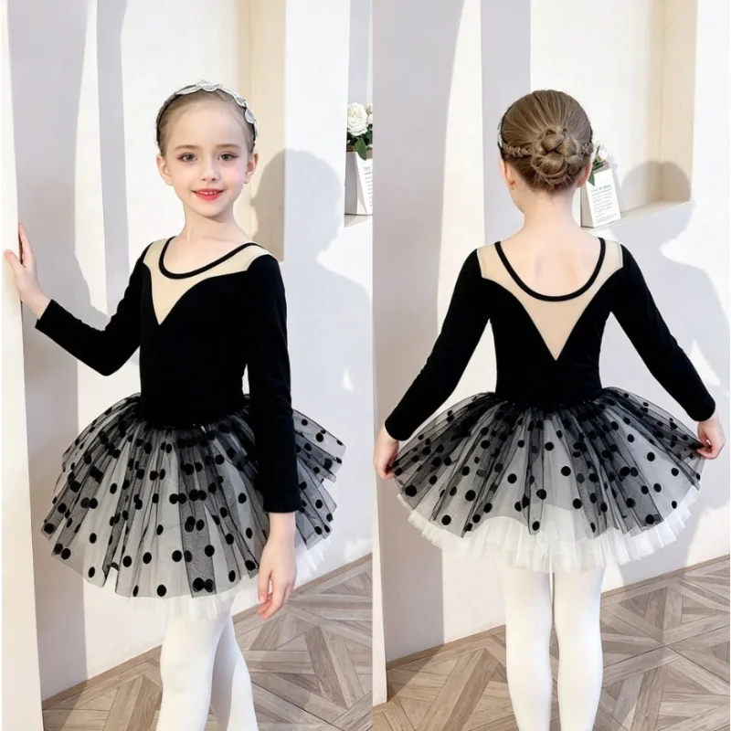 Girl Dots Dance Outfit Kids Split Ballet Leotard Set Soft Costume for Dance Exam Daily Training Competition Elastic Comfort Wear