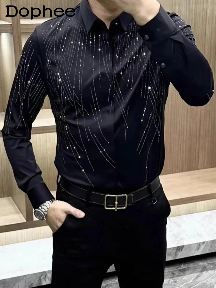 Men's 2024 Autumn and Winter New Fashion Men's Inner Lapel Hot Diamond Top Long Sleeve Slim Fit Versatile Business Casual Shirts