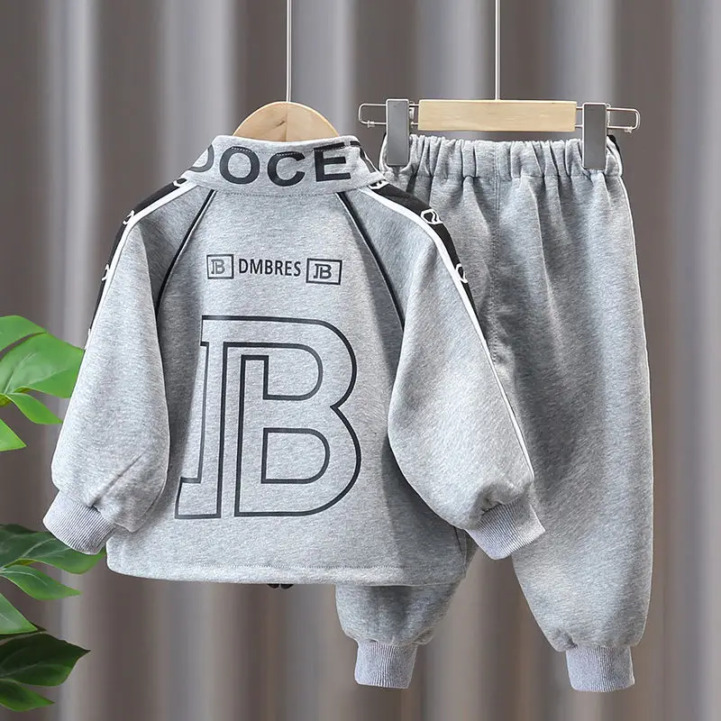 School Kids Tracksuit Jogger Set Full Zip Alphabet Prints Baby Boys Drawstring Sweatshirt + Sweatpant Set Children Outfit 1-11Yr