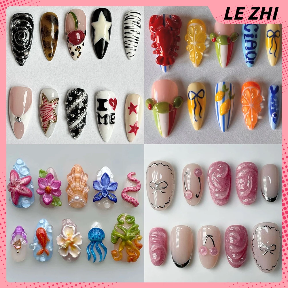 

Sweet Cool 3D Flowers Starfish Handmande Blush Almond Press On Nail Pearl Fish Tail Jellyfish Strawberry Reusable False Nail