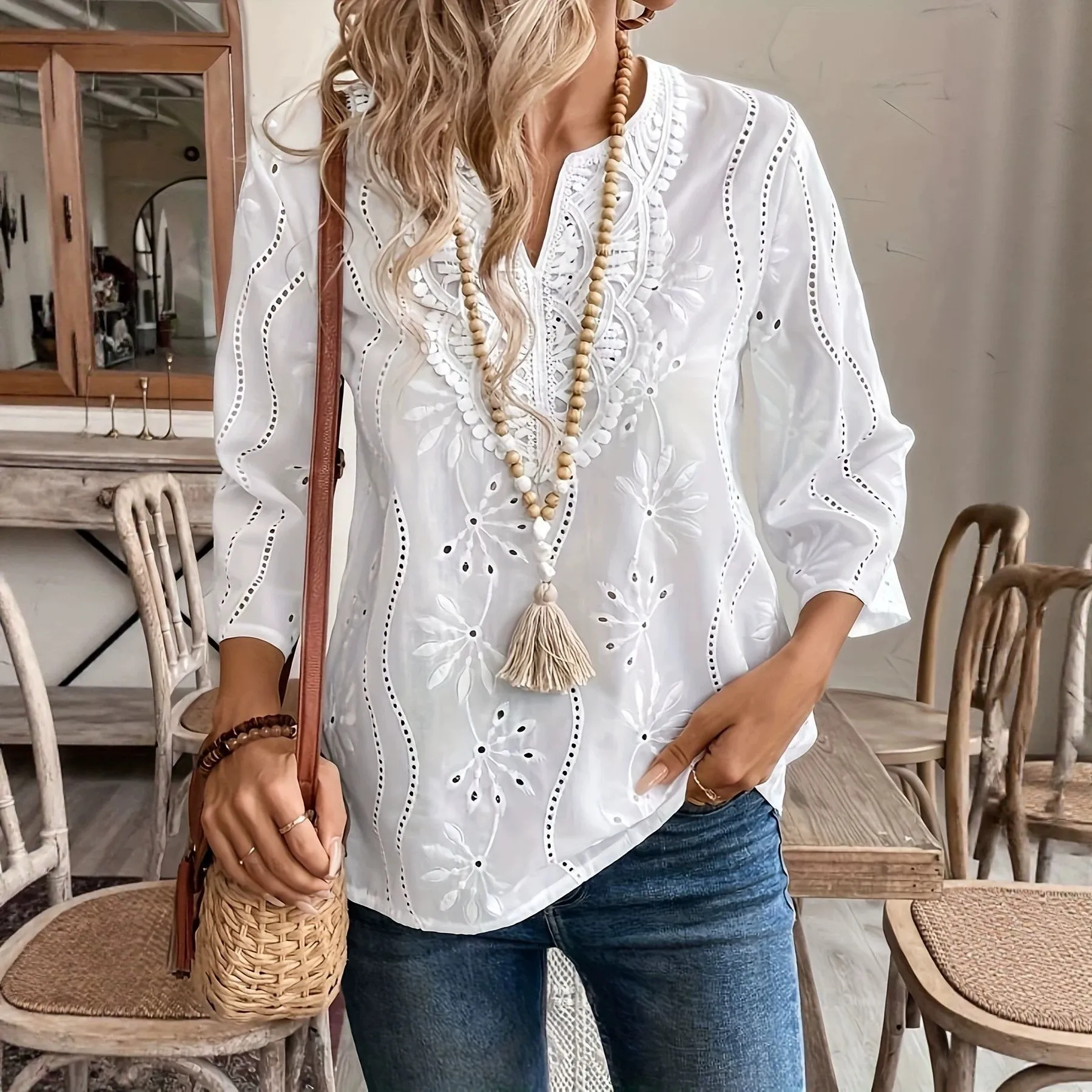 Loose Fit Pull on Shirt Regular Length Elegant with Eco Friendly Pattern Fresh and Sweet Long Sleeve Hollow Out Women Shirt