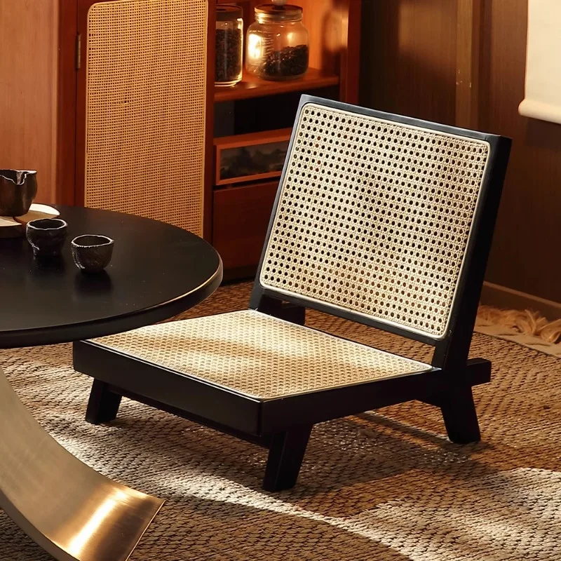 Japanese Style Tatami Floor Chairs Woven Rattan Seat with Backrest Low Lounge Sofa for Bay Window Solid Wood Balcony Stools