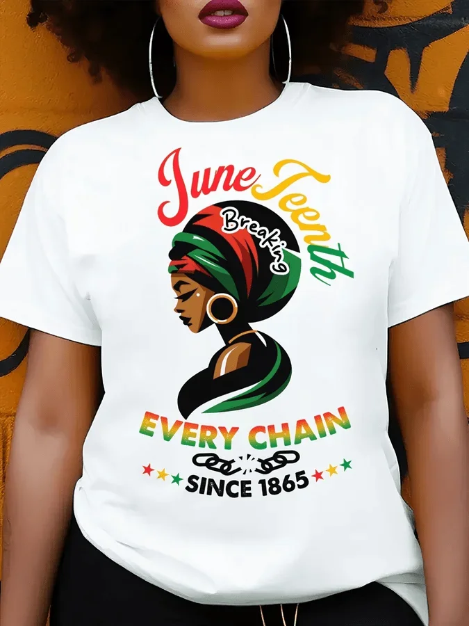Plus Size, Women's Juneteenth Pattern T-Shirt Breaking Every Chain Since 1865 Design, Vibrant Geometric Print, Short-Sleeved, Cr