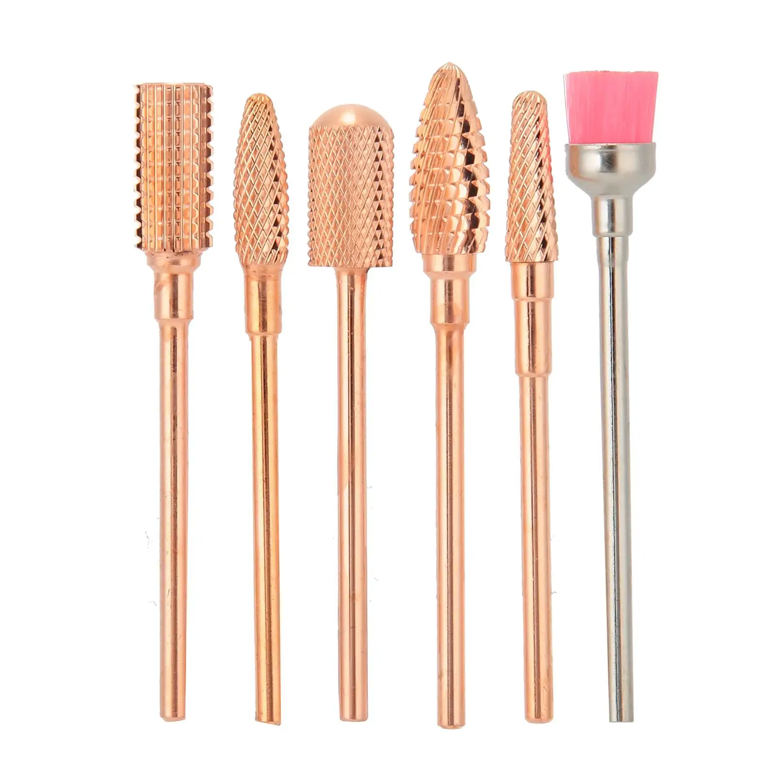 Set di punte per unghie in acciaio al tungsteno in oro rosa da 6 pezzi con strumento per Manicure con pennello antipolvere