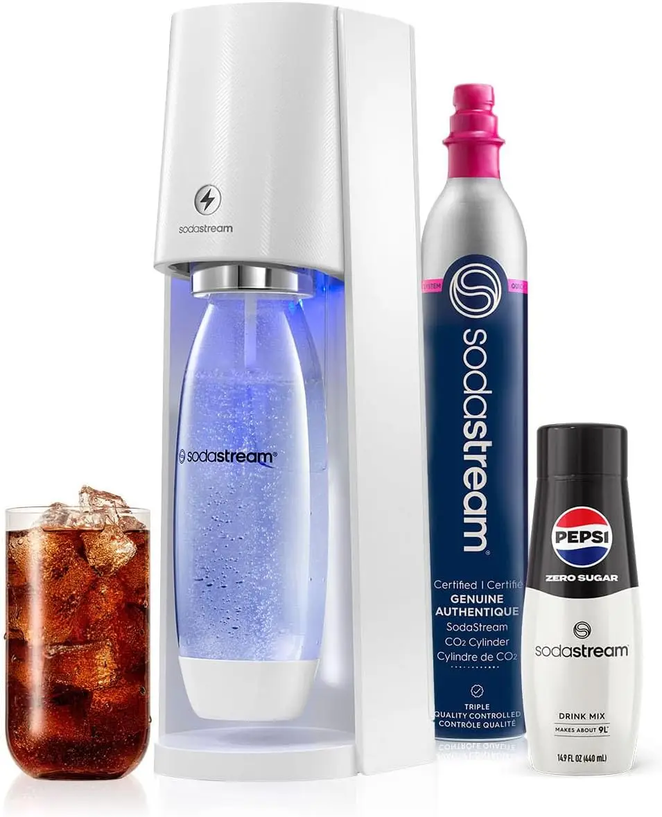 Soda Maker | STARTER KIT | 3 Automatic Carbonation Levels | Includes 1x CO2 Cylinder, 1x 32 Fl Oz Dishwasher Safe Bottle, 1x Pep