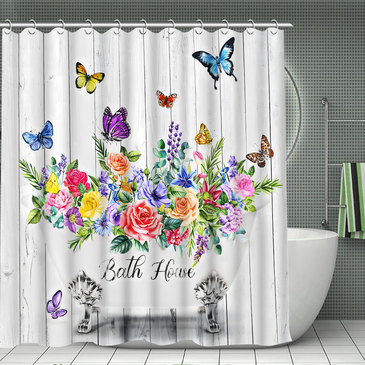 1/4PC flower butterfly simple pattern waterproof shower curtain or waterproof anti-slip shower curtain set, 12 free hooks