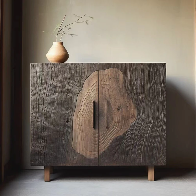 

Retro old elm dining side cabinet solid wood creative locker wabi sandy wind double door tea cabinet art entrance cabinet