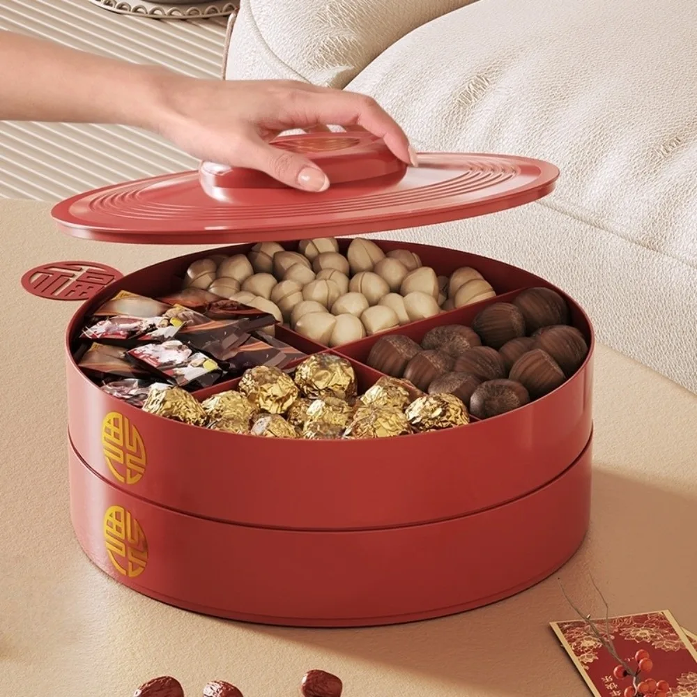 Multi-functional 8-Compartment Nut Serving Tray 2 Layers Square Candy Box Round with Lid Biscuit Fruit Plate Chinese New Year