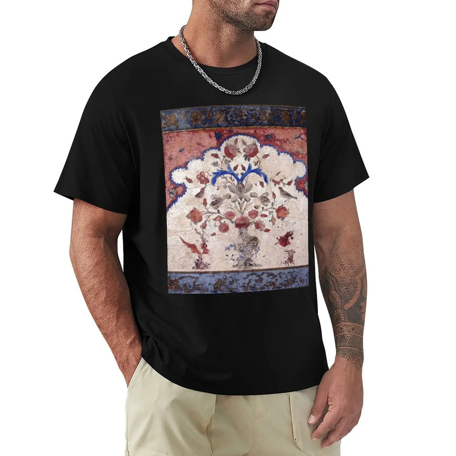 Persian Miniature Floral Fresco Red Roses and Birds T-Shirt Sport Basic Moisture Wicking Tee