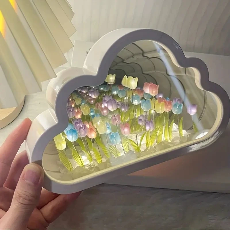 Finished Product Cloud Mirror Tulip Lamp Simulation Flowers Bedroom Lamps Tulips Mirror Night Light Birthday Gifts Home Decor