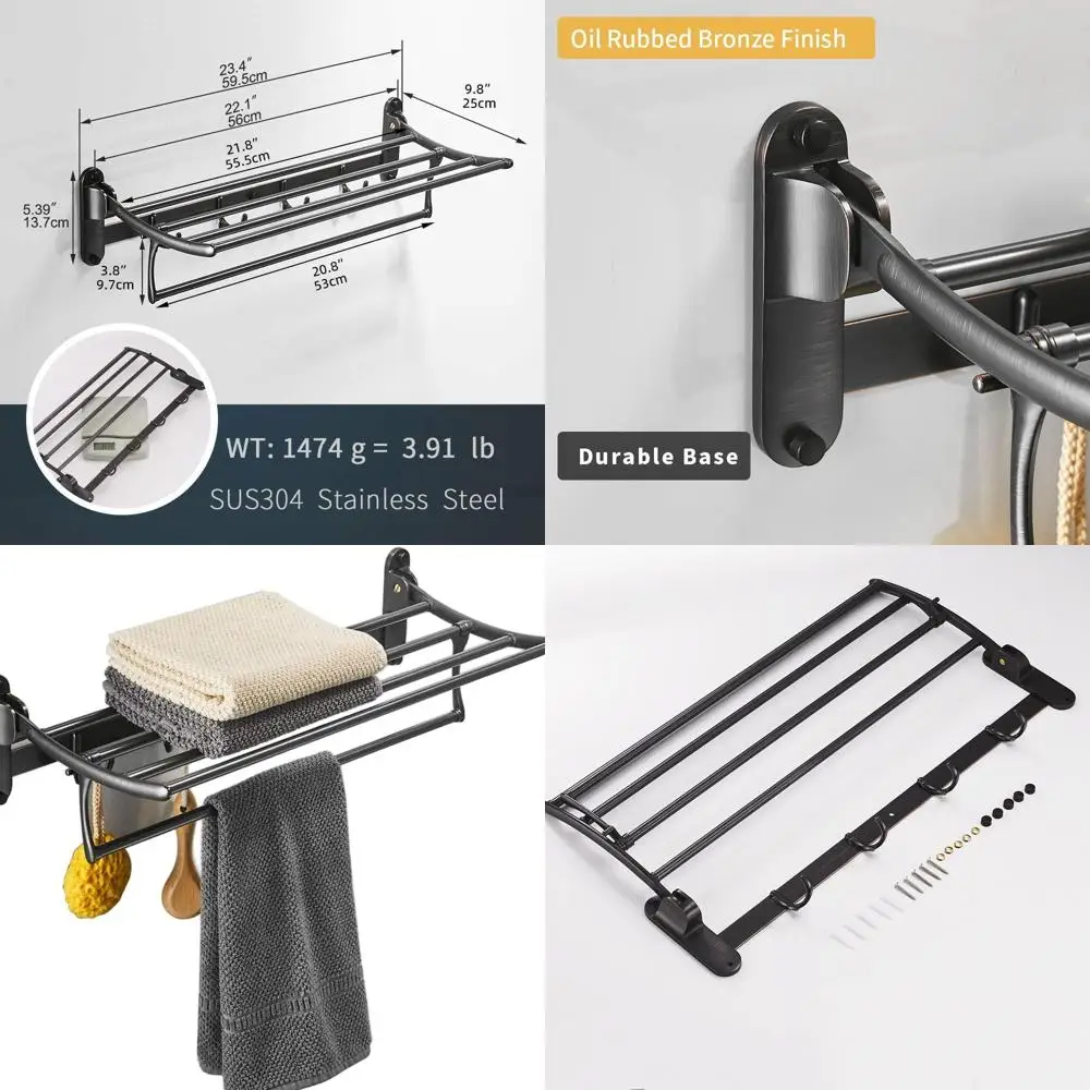 

24 Oil-Rubbed Bronze Foldable Towel Rack with Hooks, Wall-Mounted Dual Bar Bathroom Organizer