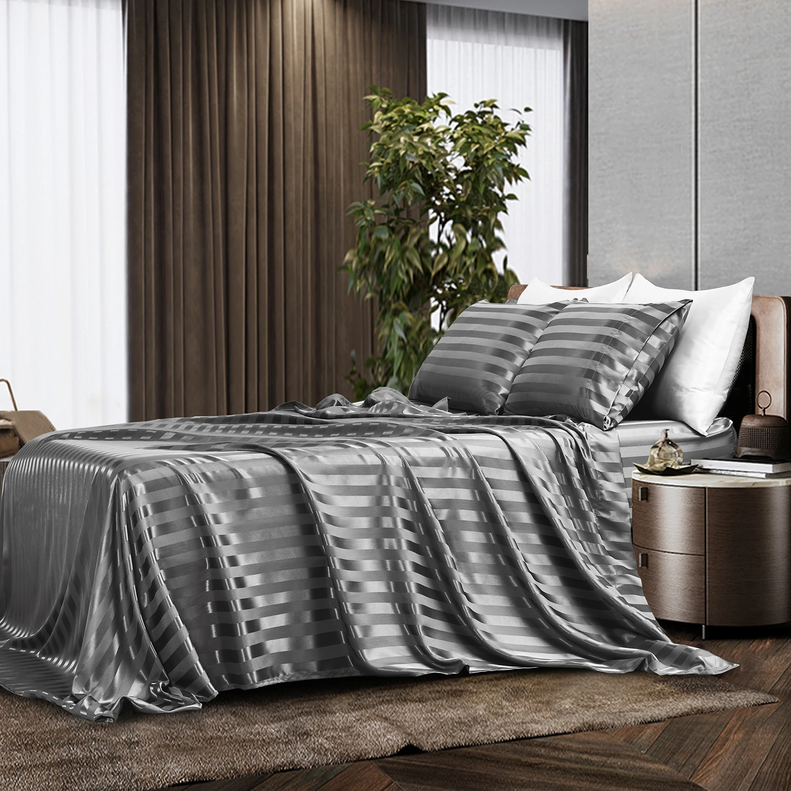 3/4pcs Queen King Size Luxury Bed Sheet Set Covers Satin Black Bed Sheets Pillowcase Flat Fitted Double Sheet Bedclothes