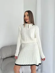New Arrival Women Solid Color Knitted Skirts Two Piece Set Long Sleeve Lapel Buttons Knitting Sweater Short Skirt 2 Piece Sets