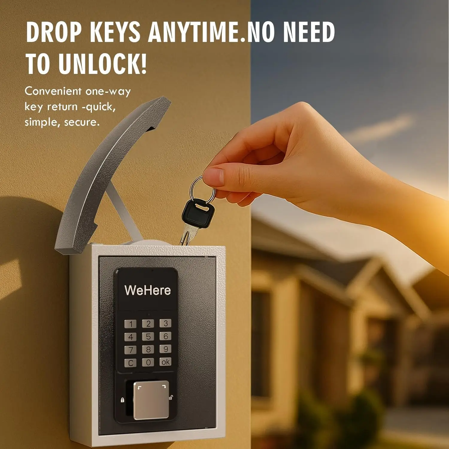 WeHere Smart Lock Box Wall Mount with Key Drop Slot, OTP/APP Bluetooth/Wi-Fi/Fixed Code Unlock, Key Safe Box for House Outside