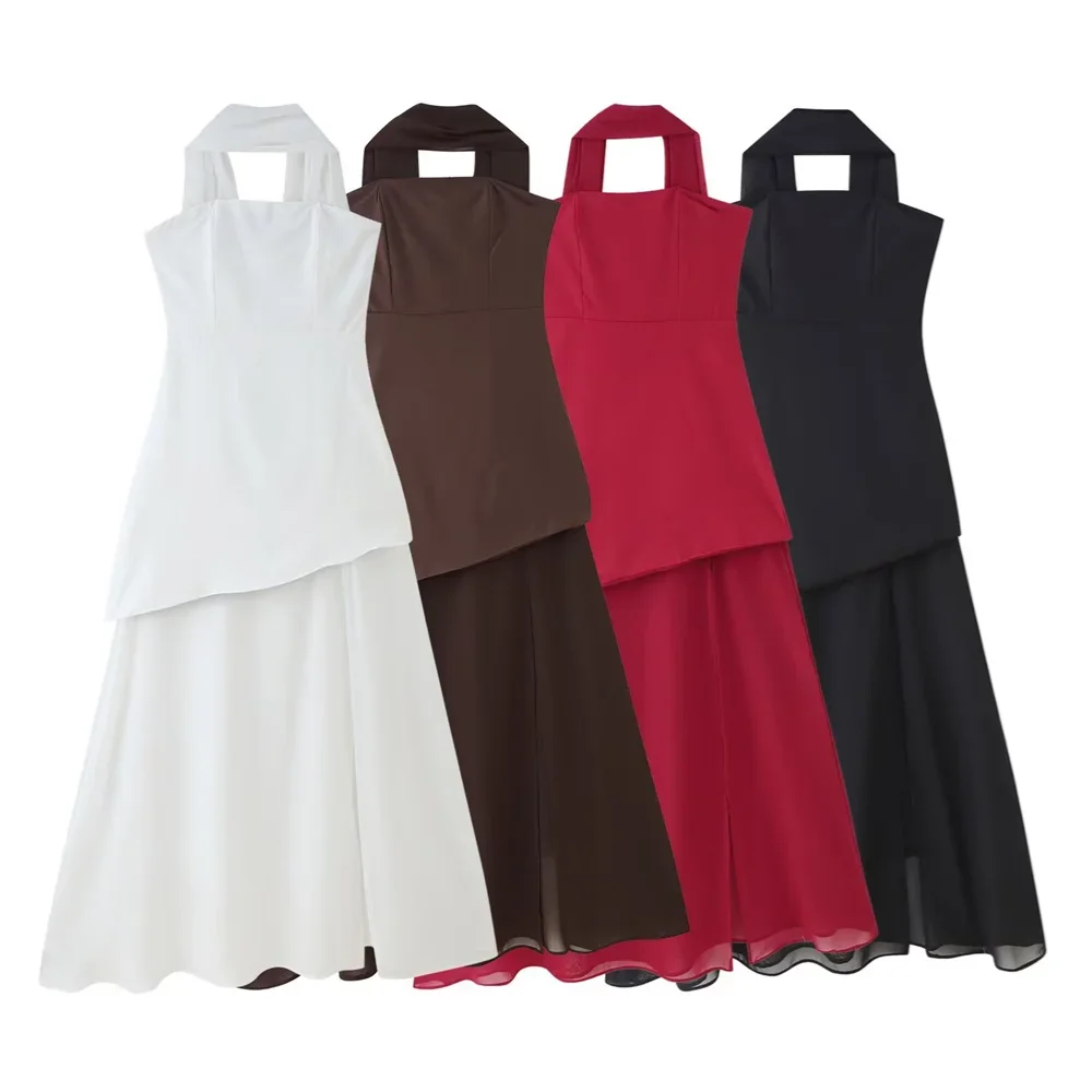 

LIBIELIY Women's Strapless Patchwork Mesh Dress With Backless Decoration For Spring And Summer New Casual Women's Wear