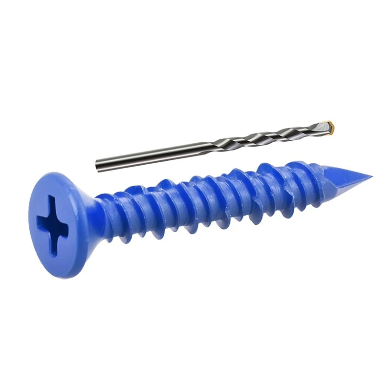 AAAN-100 PCS 3/16 Inch X1-1/4 Concrete Screw Anchor Blue Flat Heads For Anchoring To Masonry, Block Or Brick Stucco