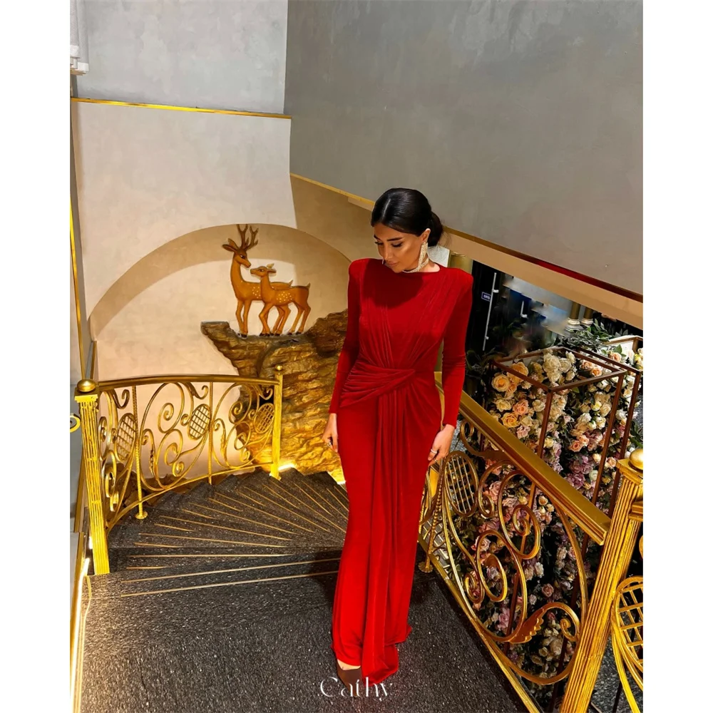

Cathy Customized Red O Neck Pleated Prom Dress Elegant Long Sleeves Mermaid vestidos de noiva Floor-length Evening Dresses 2025
