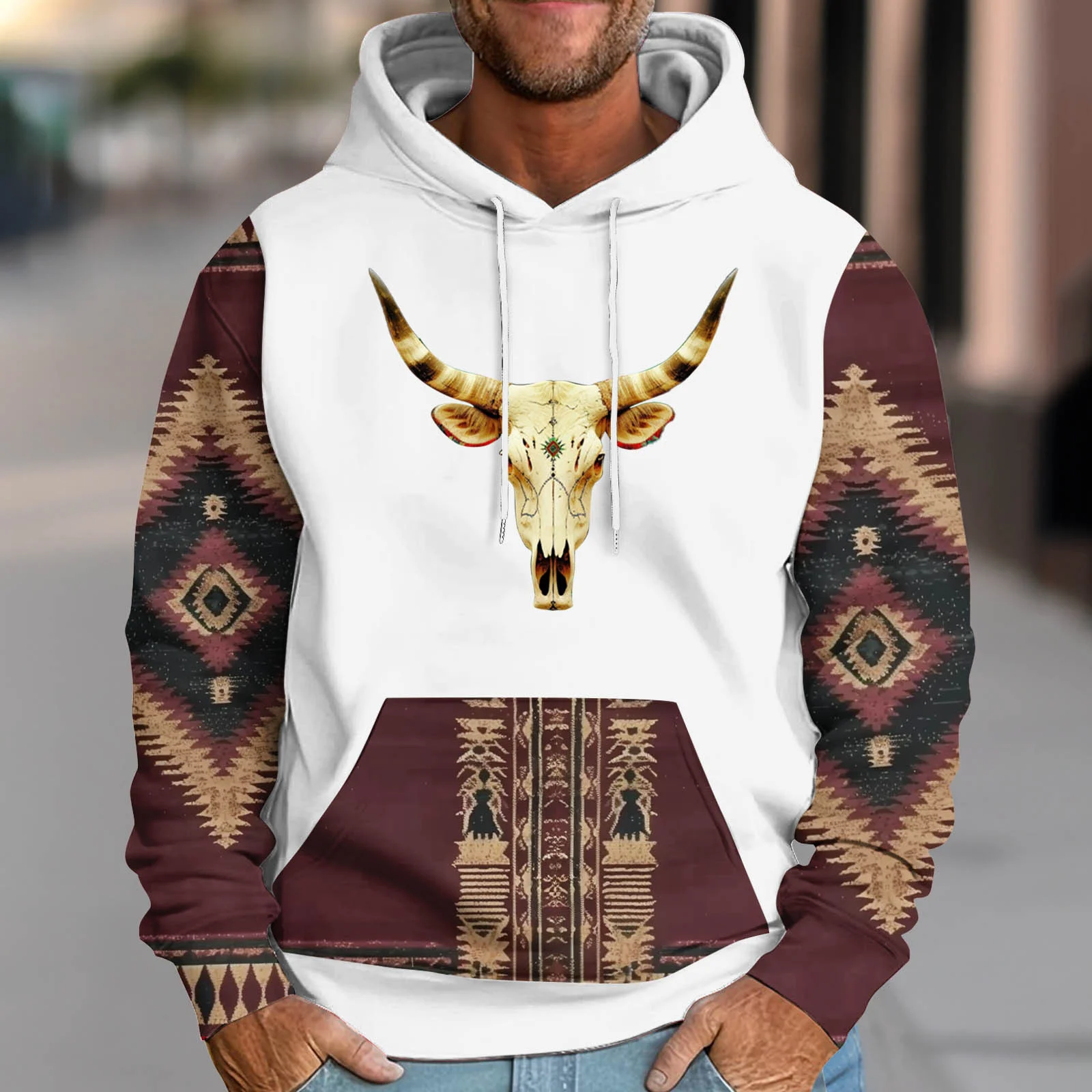 

Повседневная толстовка с капюшоном, толстовка с этническим геометрическим 3D принтом, ковбойская толстовка с капюшоном и длинными рукавами, пуловер большого размера, мужские толстовки