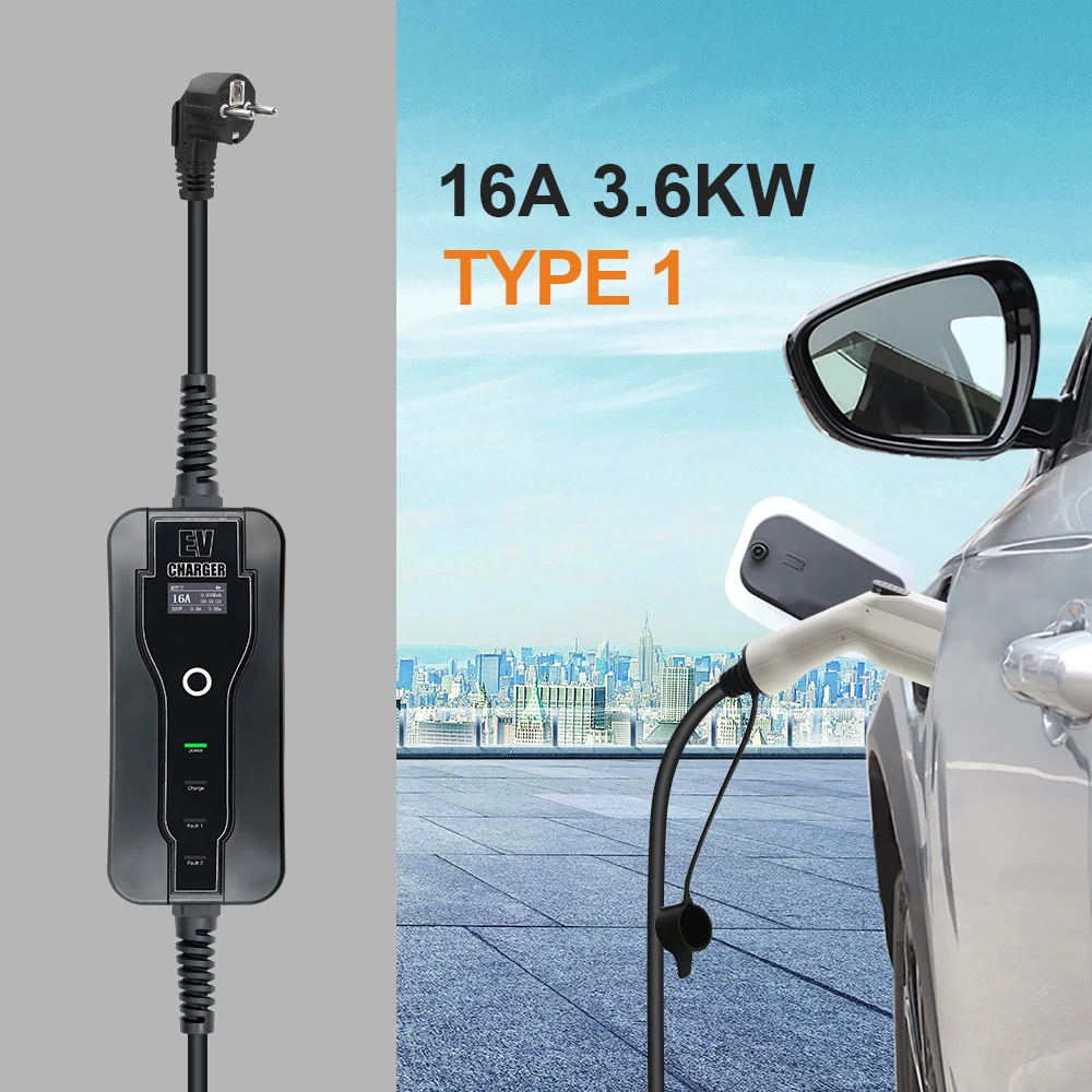 Type1 J1772 กล่องชาร์จแบบพกพาประเภท 2 EV Charger 3.6KW EVSE ชาร์จ EV สายไฟฟ้า schuko ปลั๊ก 16A 13A 10A 8A