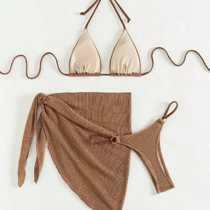 ชุดบิกินี่สีน้ำตาลเซ็กซี่ ปี 2025 ชุดว่ายน้ำผู้หญิงแบบผูกคอ บราดันทรง กระโปรง 3 ชิ้น ชุดว่ายน้ำฤดูร้อน ชุดคลุม ชุดว่ายน้ำแบบจีสตริง บิกินี่