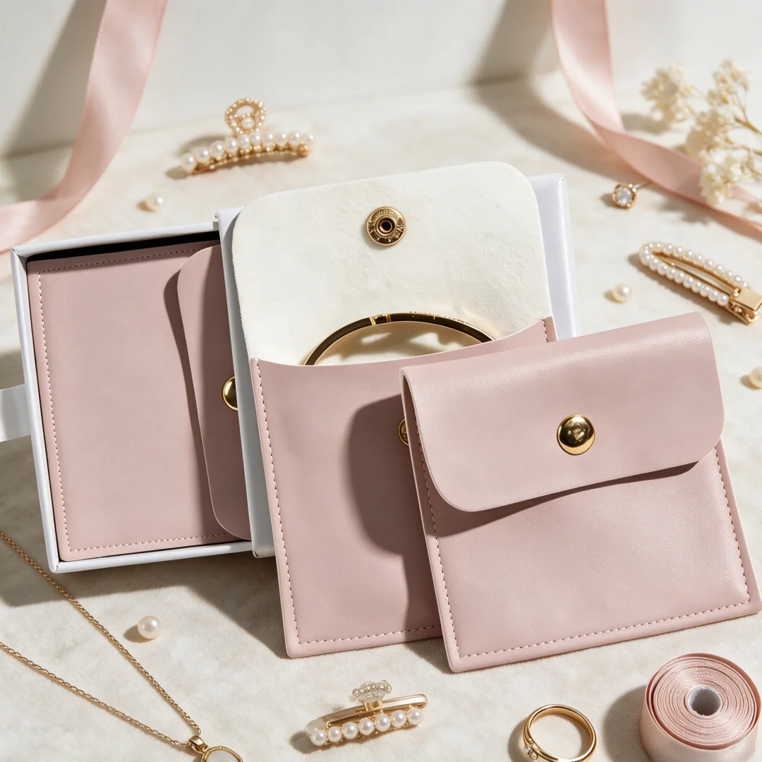 Tragbare 8x8cm PU-Leder Mini-Schmuckbeutel 10 Stück mit Druckknopfverschluss für Halsketten & Kristallarmbänder zur Aufbewahrung bei Party-Outfits