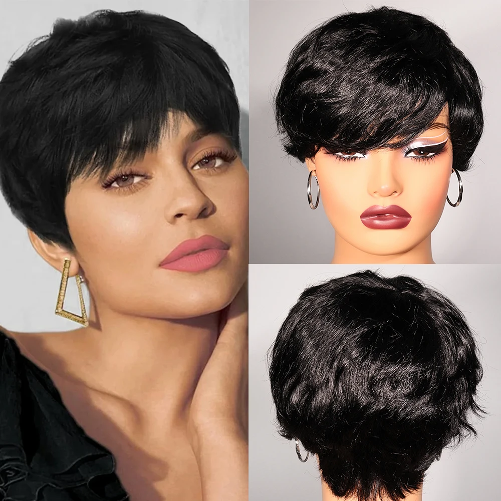 

Pixie Cut Wigs Human Hair Cheap Wigs on Sale Clearance Full Machine Made Wig With Bangs Straight Hair 100% Remy Human Hair Wigs