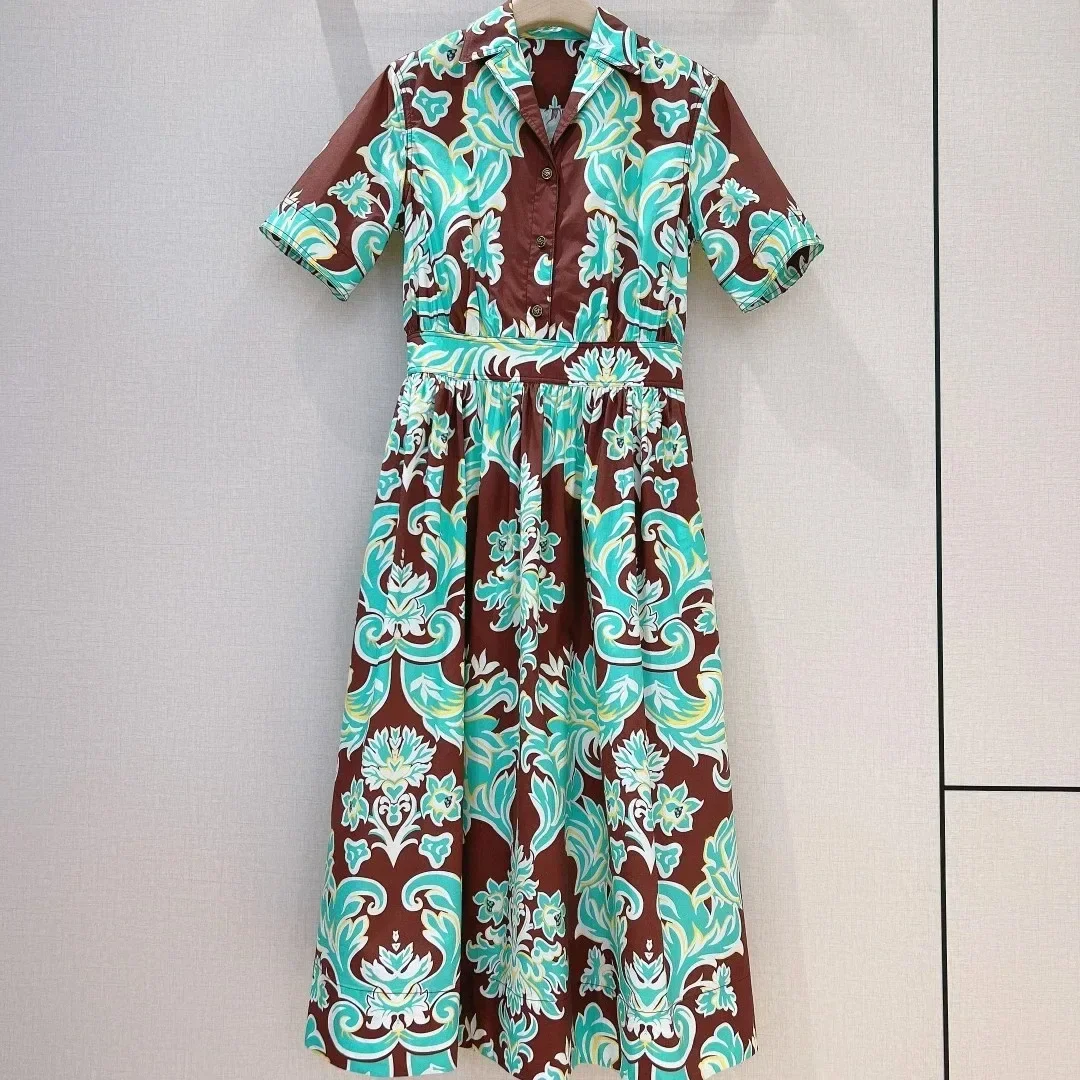 Cotton Green Brown Short Sleeve Floral Print 2024 Good Quality Midi Dress for Women New Summer Collection