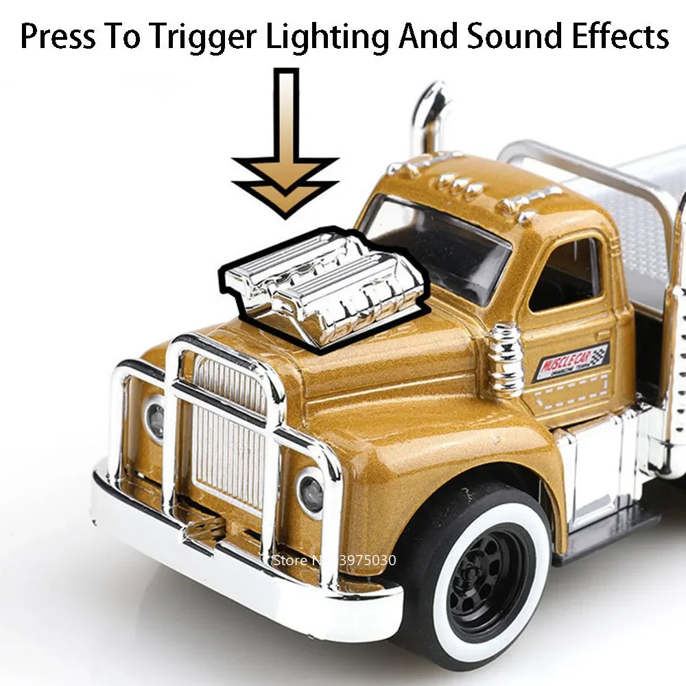 미국 근육 합금 트레일러 자동차 다이캐스트 모델 장난감, 사운드 라이트 포함, 풀백 차량, 소년 컬렉션 선물, 1:60 체중계