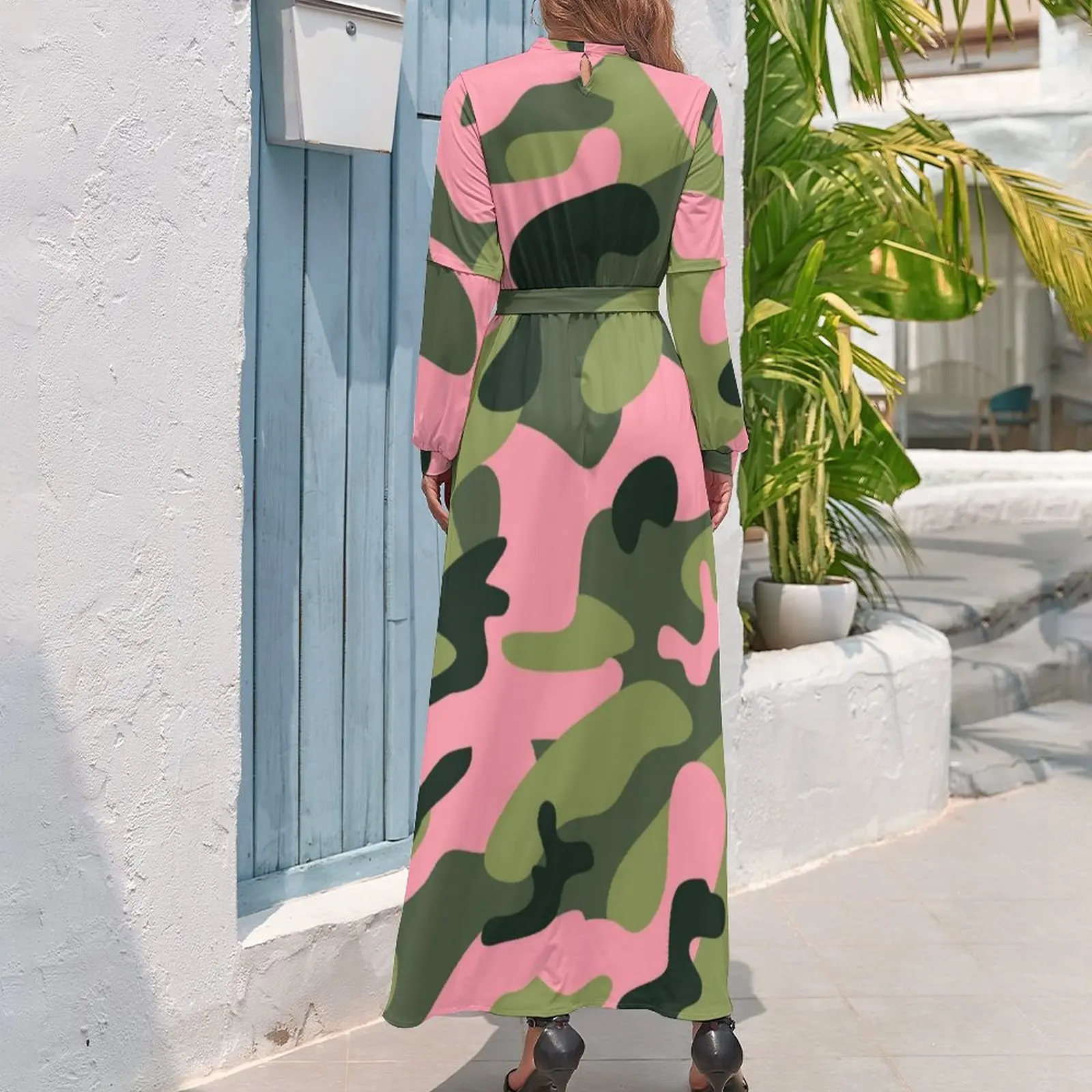 Imagem -02 - Camo do Exército Imprimir Vestido de Manga Comprida Camuflagem Rosa Verde Moderno Vestido Maxi Padrão Estético Cintura Alta Boemia Vestidos Longos