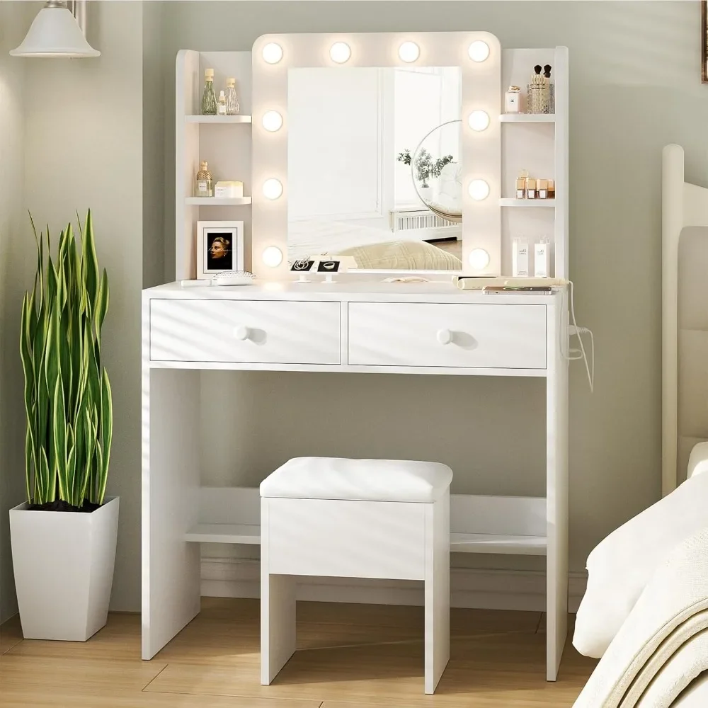 

White Vanity Desk with Mirror, 10 LED Lights and Power Outlets, Makeup Vanity Mirror with 3 Lighting Color Adjustable, Dressing