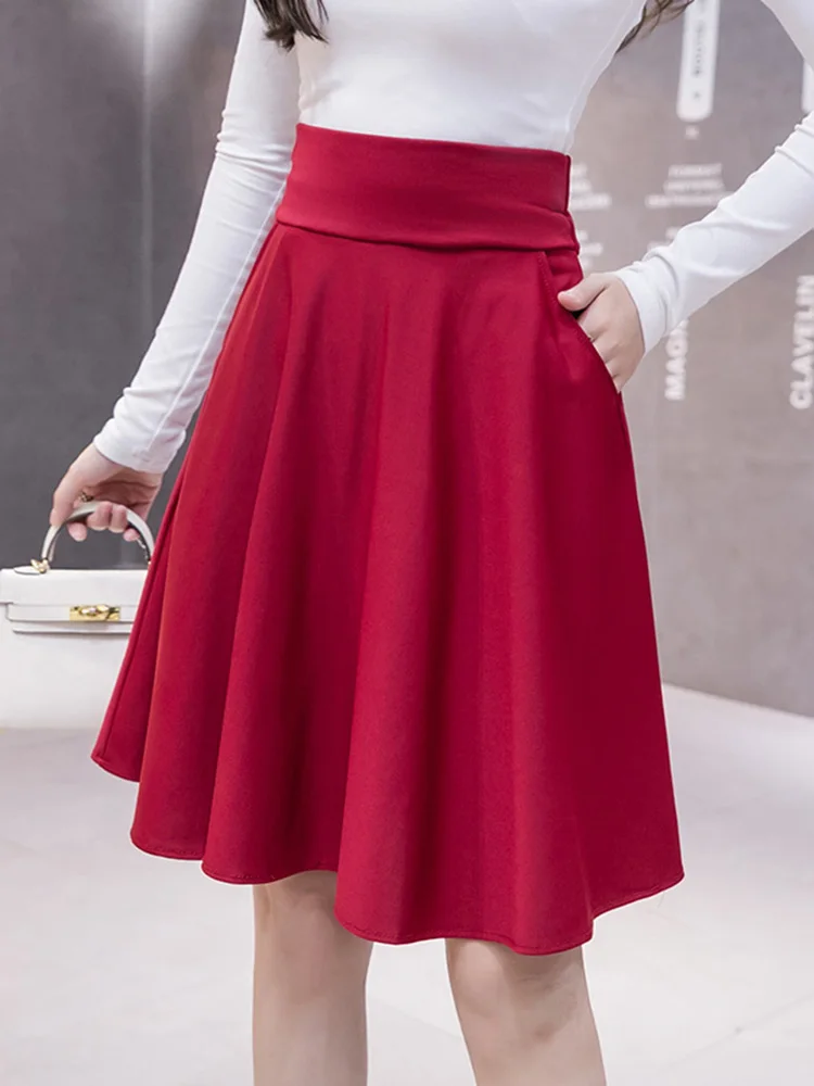 Fashion New Pockets Style Women Skirts Solid Color Knee-Length Casual Lady Summer Spring Autumn Elegant A-line Skirt Red Black