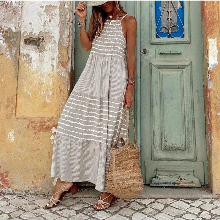 

Women Fashion Retro Loose Print Round Neck Sling Summer Bohemian Style Beach Long Skirt Elegant Chic New Long Skirt Casual Vest