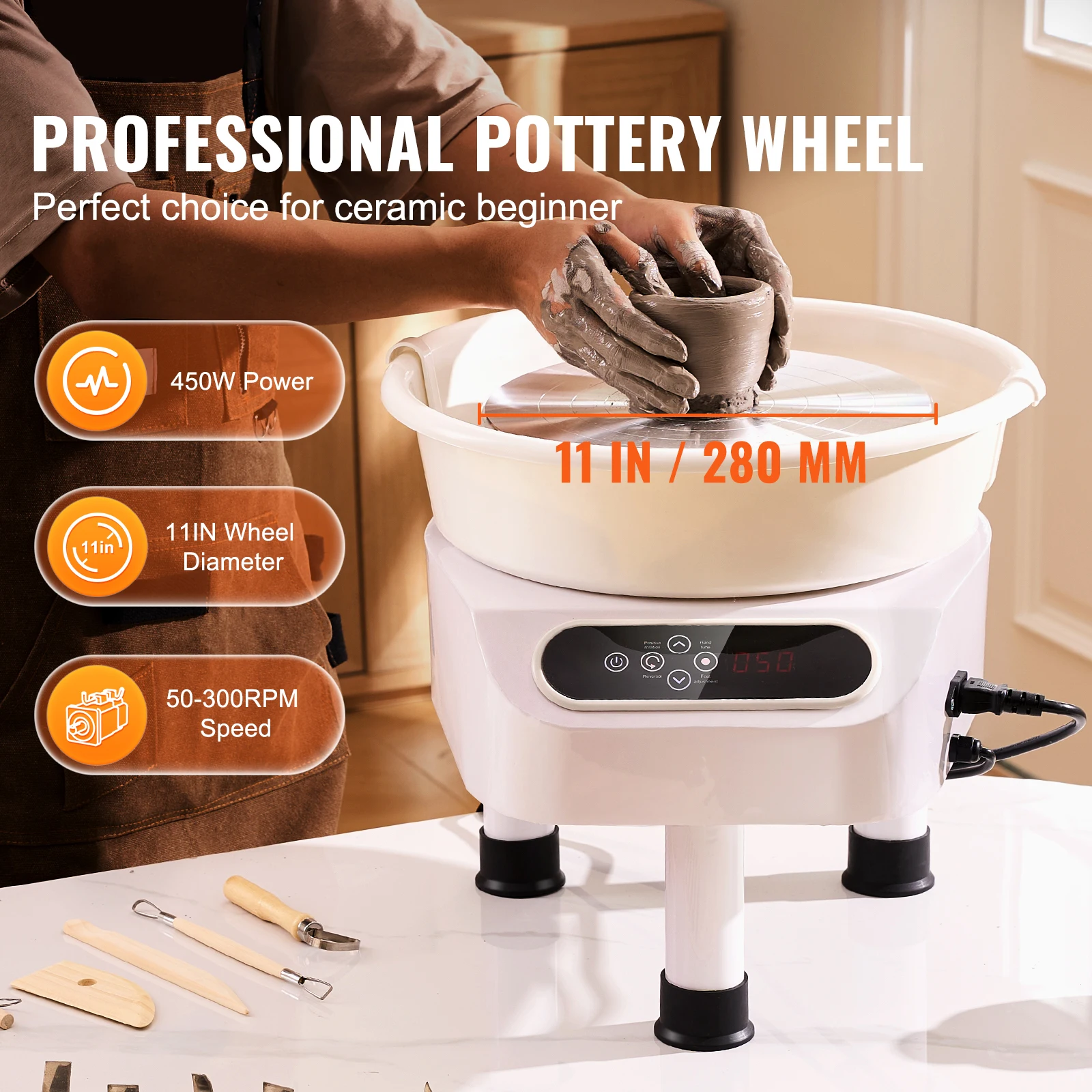 Pottery Wheel, 11 inch Pottery Forming Machine, 450W Electric Wheel for Pottery with Foot Pedal and LCD Touch Screen, Direct Drive Ceramic Wheel with 3 Support Legs for DIY Art Craft, White