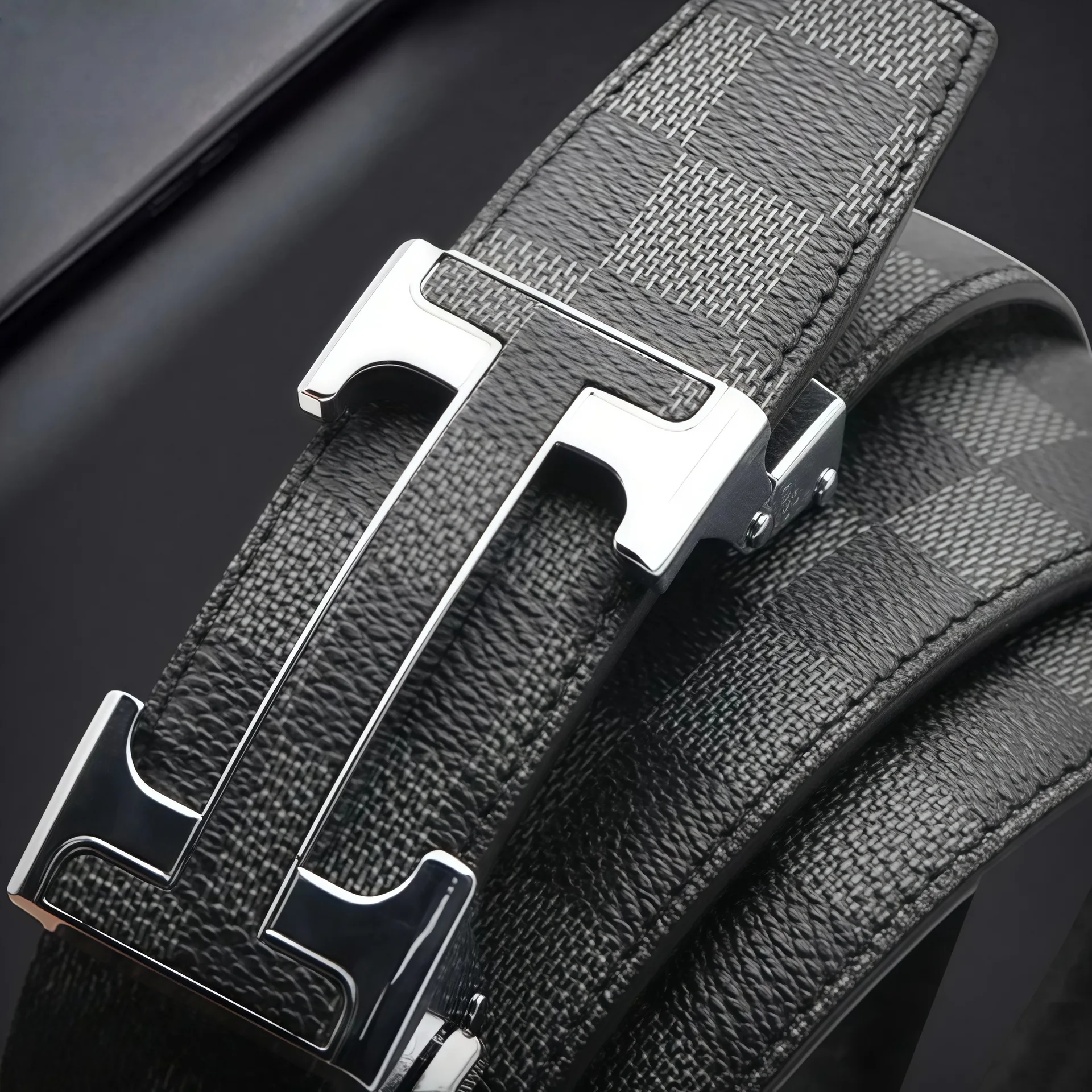 ‌ حزام جلد بنمط مربعات ممتاز للرجال - إبزيم تلقائي، حزام كاجوال وعصري للأعمال، جلد البقر الأصلي، هدية أنيقة