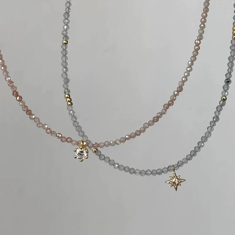 Champagne Zircon and Gray Moonstone Clavicle Necklace Featuring Geometric Bamang Star Pendant Handcrafted with Titanium Steel Li