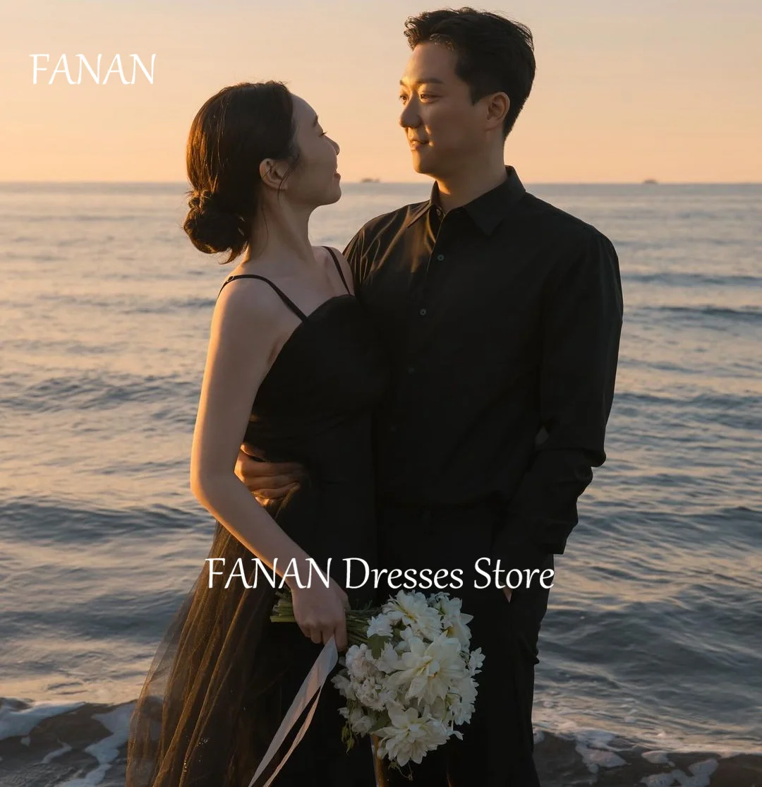 Fanan cintas de espaguete vestidos de noite coreia cetim bainha preto sem mangas vestidos de casamento feminino evento vestidos de baile personalizado