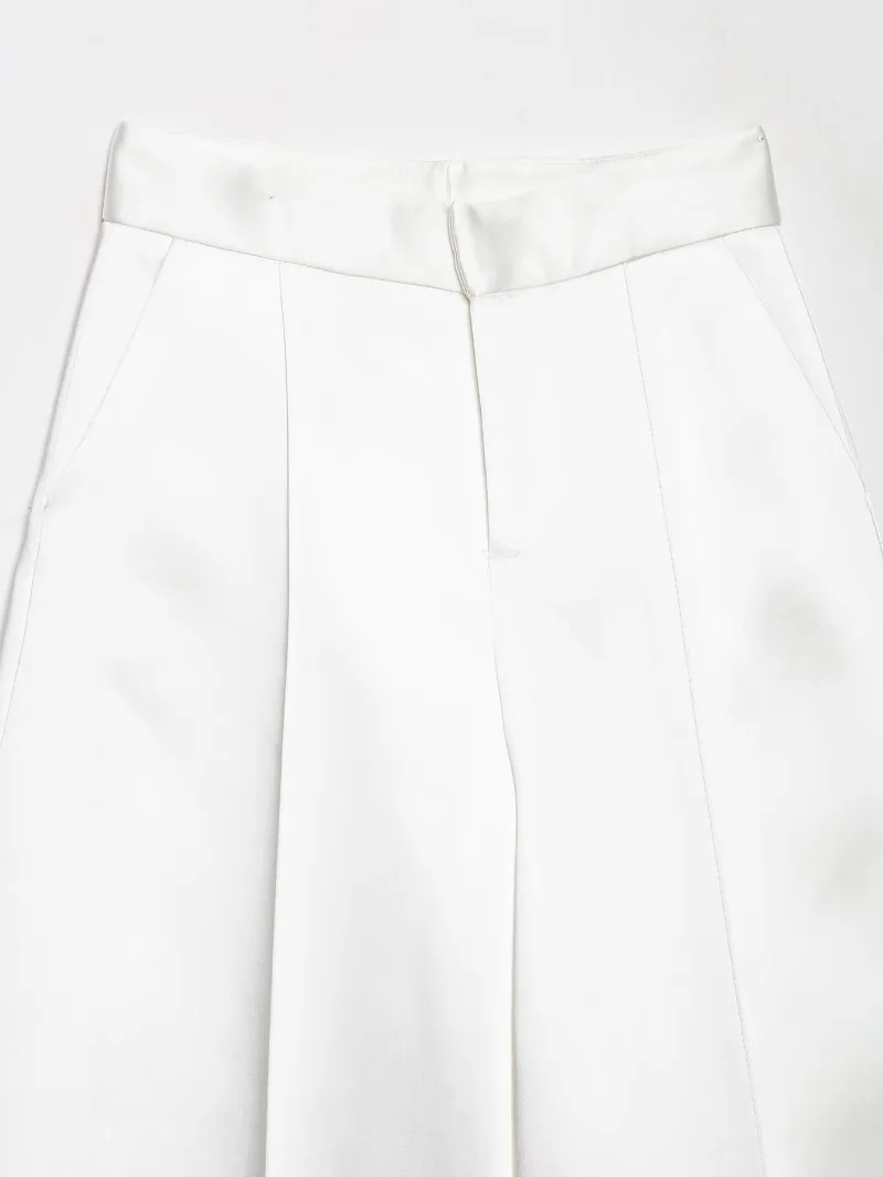 Elegantes Damen-Satin-2-Teiler-Set: Schicker Cropped Blazer mit offenem Rücken + Weite Hose, Weißes Formelles Outfit – Detail 16