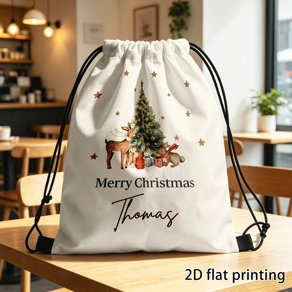 Personalized Custom Name Christmas Drawstring Bag, Xmas Tree Deer Rabbit Sack Backpack for Holiday Gift Present Storage