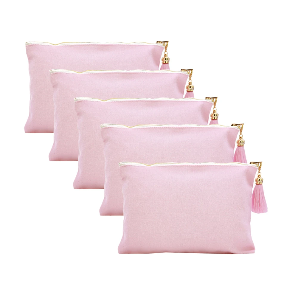 5pcs 12oz Cotton Canvas Women Clutch Handbag with Rayon Tassel Gold Zipper Makeup Pouch