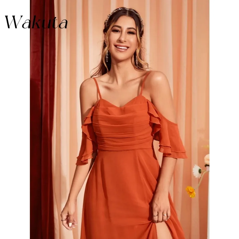 Wakuta Spaghettibandjes Van De Schouder Geplooide Baljurken Mode High Split Chiffon Bruidsmeisje Vestidos De Novia Boda Civil