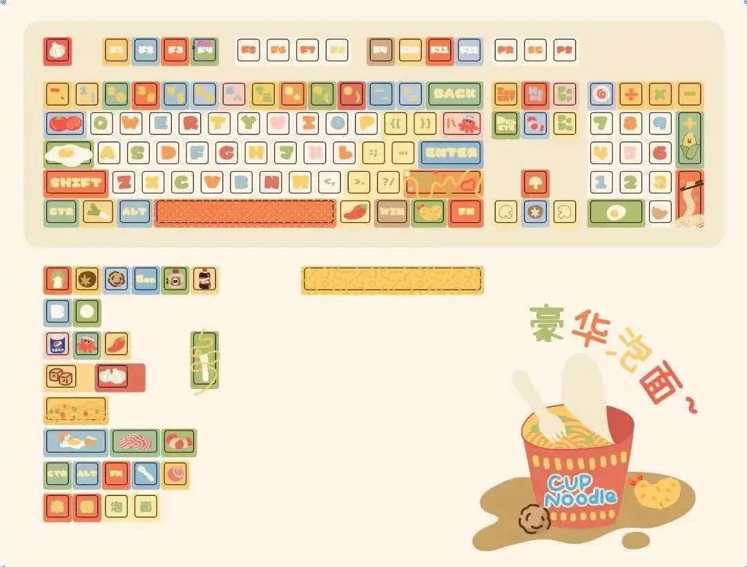 136 Keys Cute Keycap MOA Profile Instant Noodle Theme Keycap PBT Keycaps Dye-Sub Mechanical Keyboard for Made68 Mad68 Wooting 60