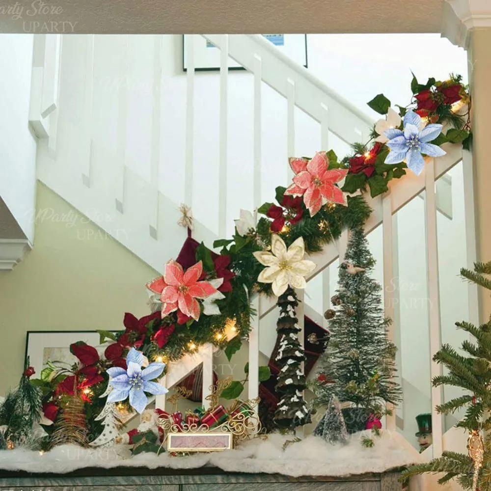 10 Stück künstliche Weihnachtsblumen, 13 cm, glitzernde goldrote Weihnachtsstern-Blumen für Weihnachtsbaum, DIY-Kranz, Weihnachtsfeier-Dekorationen – Detail 5